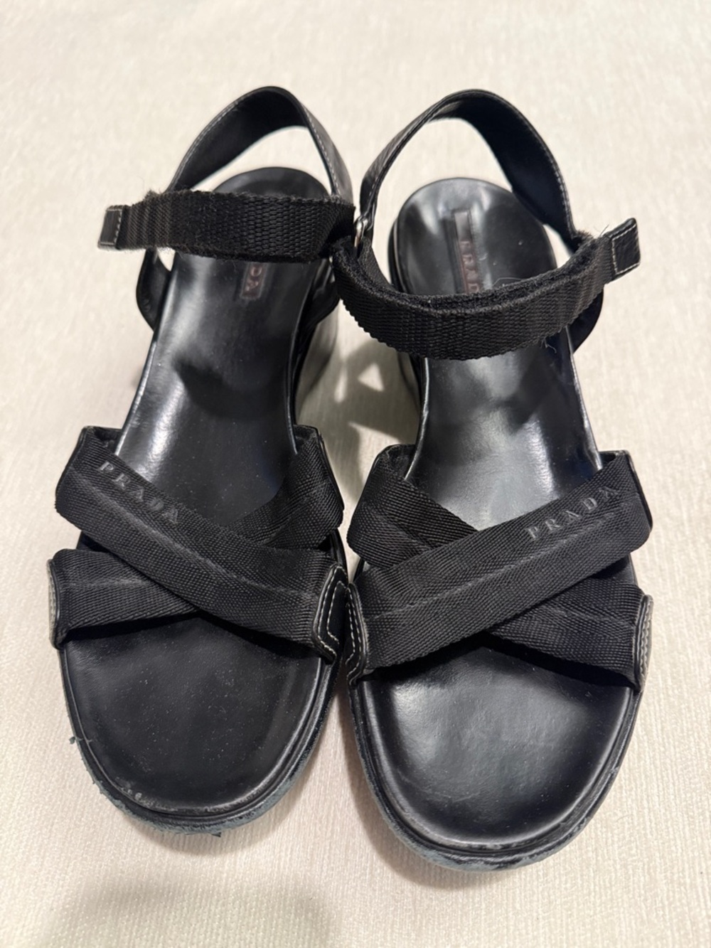 Prada Black Criss Cross Ankle Strap Platform Leather Nylon Sandals